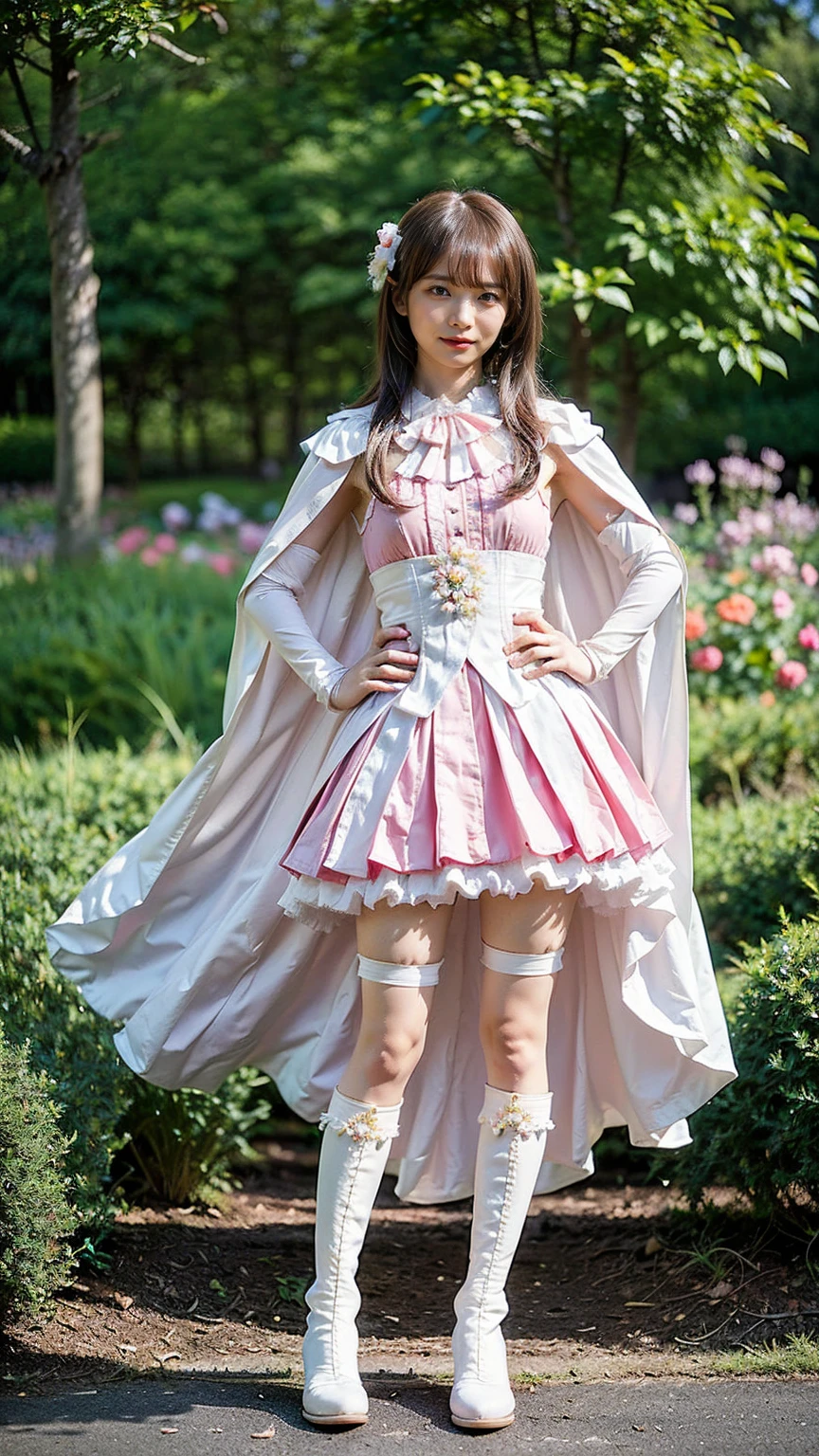 (8k、RAW Photos、Highest quality、masterpiece:1.2)、(Realistic、Realistic)、1 person、((White and pink、garden、Frills、Cape、mini skirt、Thin legs、whole body、boots、View from the front、Looking into the camera、Stand with hands on hips))、cute