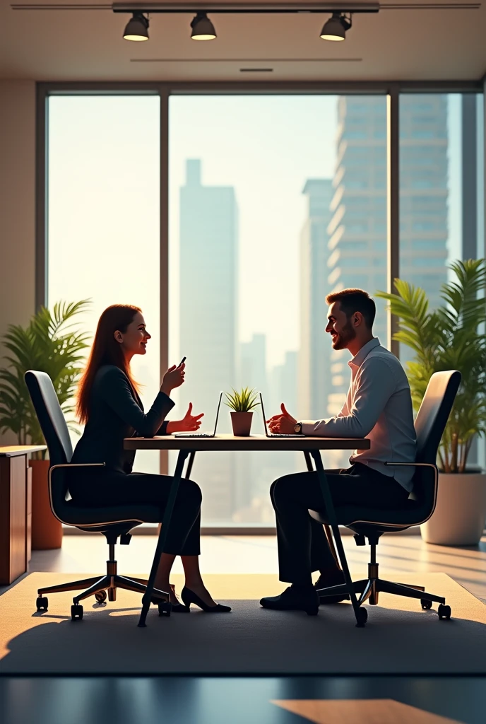  Office of a company. There is a meeting table with chairs around it and there are two people talking.

