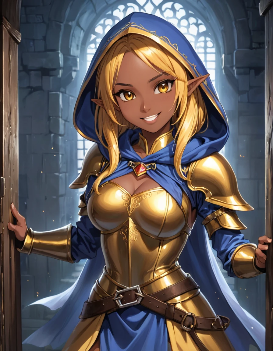 score_9_up, score_8_up, score_7_up, score_6_up, score_5_up, score_4_up, 1 Elf girl, solo, extreme detail, Masterpiece, Best Quality, beautiful, high-res image, evil smile, golden eyes, golden hair, dark skin, Expression pain, wearing medieval armor, combat pose, drops of sweat, wearing a hood blue & gold suit, (seductive:1.1), Holding a longsword, in a Dungeon Door, perfect lighting, perfect hands, perfect fingers, extremely detailed 8k, very delicate and beautiful, lineart, No colors or shading, Coloring pages