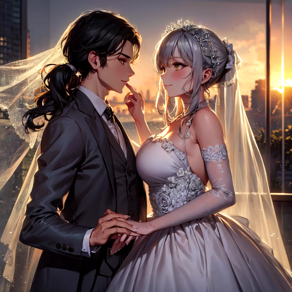 masterpiece, Best quality, masterpiece, Best quality, masterpiece, Best quality, masterpiece, Best quality, high quality, detail_skin, Beatifull_hair, detail_hair, Beatifull_hands, hands_detail, High detail, Ultra detail, HD, 4k, 4280x2240, depth field, (HDR:1.9), Correct anatomy, a masculine boy with short hair black hair abundant brown eyes with full wedding suit from groom to gentleman's suit and Palto flu pants and a girl with very long hair messy hair curly hair wavy hair (((silver hair))) high ponytail with yellow eyes in wedding dress, Dream wedding dress. love. Hand in hand looking at the New Year's sunset sunrise while kissing at church wedding with wedding rings on boy finger and wedding rings on girl finger and smiles, detail, ultra-detail, correct_position, correct_texture, correct_colors, correct_shading, correct_cgi, correct_body, correct_anatomy, correct_proportion, (correct_complete_body), source_anime,score_6_up,score_7_up,score_8_up,score_9, (Beautiful eyes), (detail_eyes), Eyesclothing cutout, veil,see-through,wide sleeves, white leotard,long sleeves,frilled sleeves,frills,bridal veil, Detailedface, artist(ReDrop), Romántica style sleve, EasyNegative_pt , beatifull_detail,
