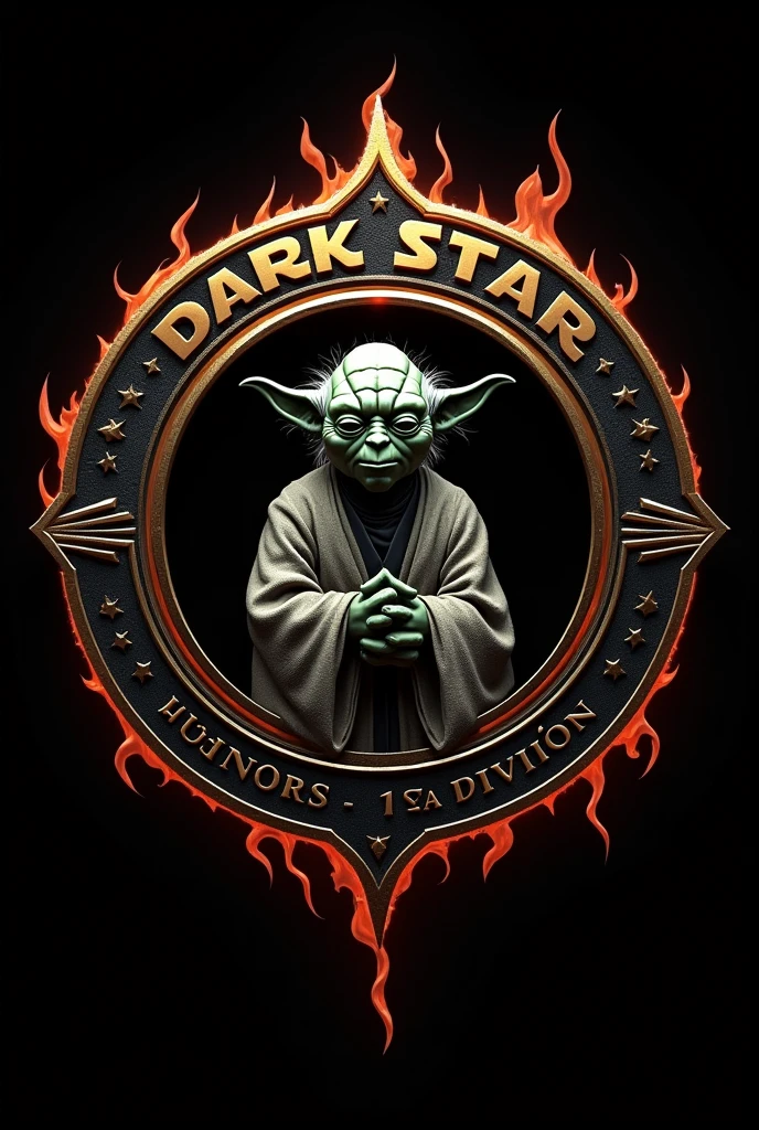"Create a round emblem with 'Dark Star' above, 'DKS' below, and 'Interno 1ª Divisão DKS' in the center. Include Yoda within the shield. Use black and gold colors with fiery details along the edges."