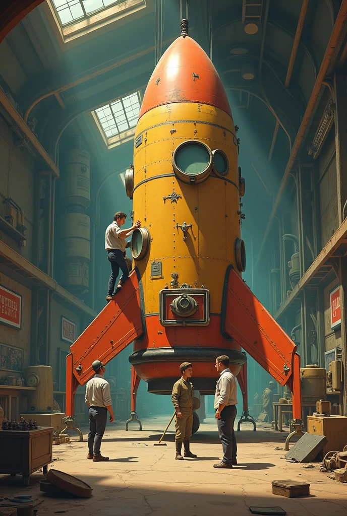 I want an animated image where several people are building an old spaceship. I want it to be like in the 1957s and for it to be a smaller ship similar to the one used for Laika&#39;s trip to space, but the ship is smaller and older.
