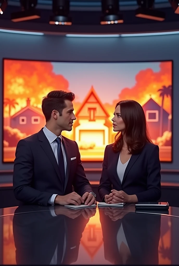 Image of a newscast being played on TV and there are two presenters (male and female) of news and behind them you see on another screen that a house is burning cartoon