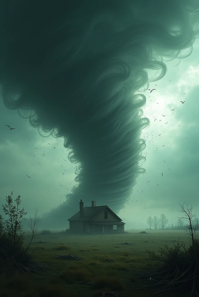 A tornado carrying a house inside of its funnel