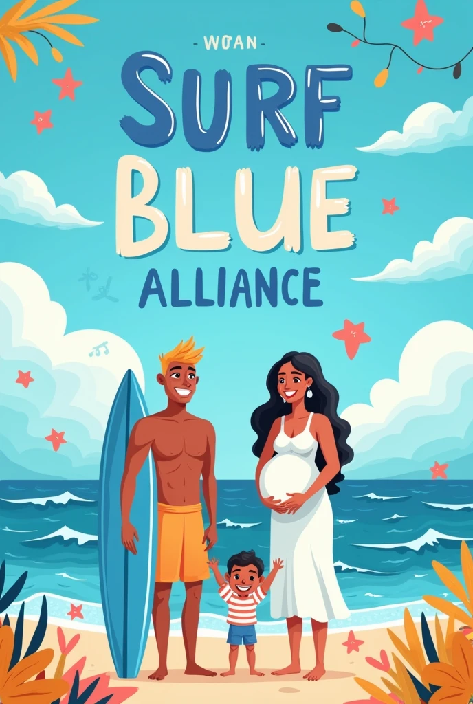 You can create a poster for an alliance, containing elements of Surf, Obstetrics and Childcare, and the color blue. In cartoon and creative style