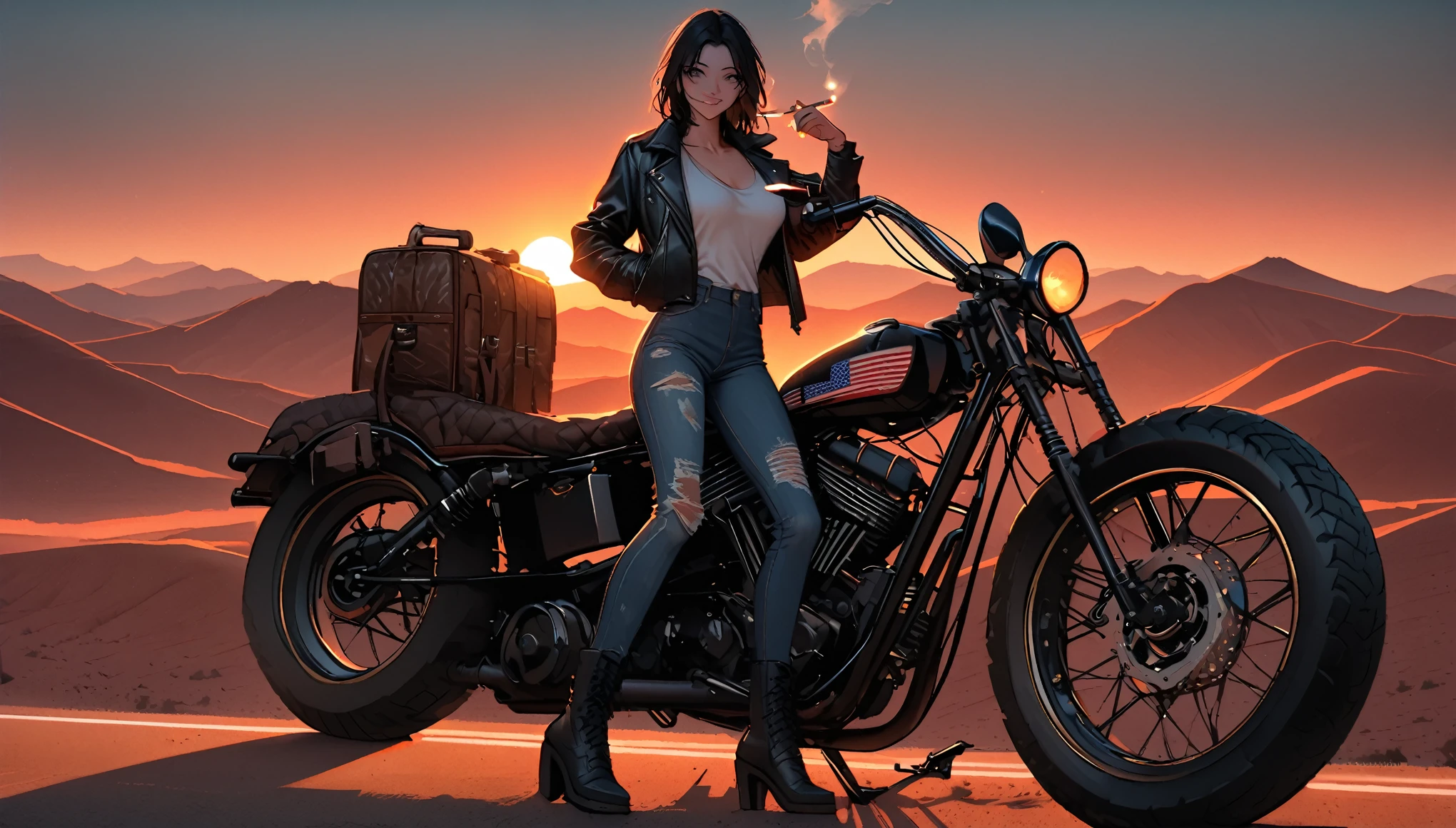 close up, female, short messy black hair, aviator sunglasses, cigarette in mouth, black leather jacket, worn jeans, leather boots, huge chopper bike, american desert road landscape with old dinner, sun above, bike gang, large breasts, smirk, leaning on motorcycle, standing, outstretched legs, dusk, tall, road, broad shoulders