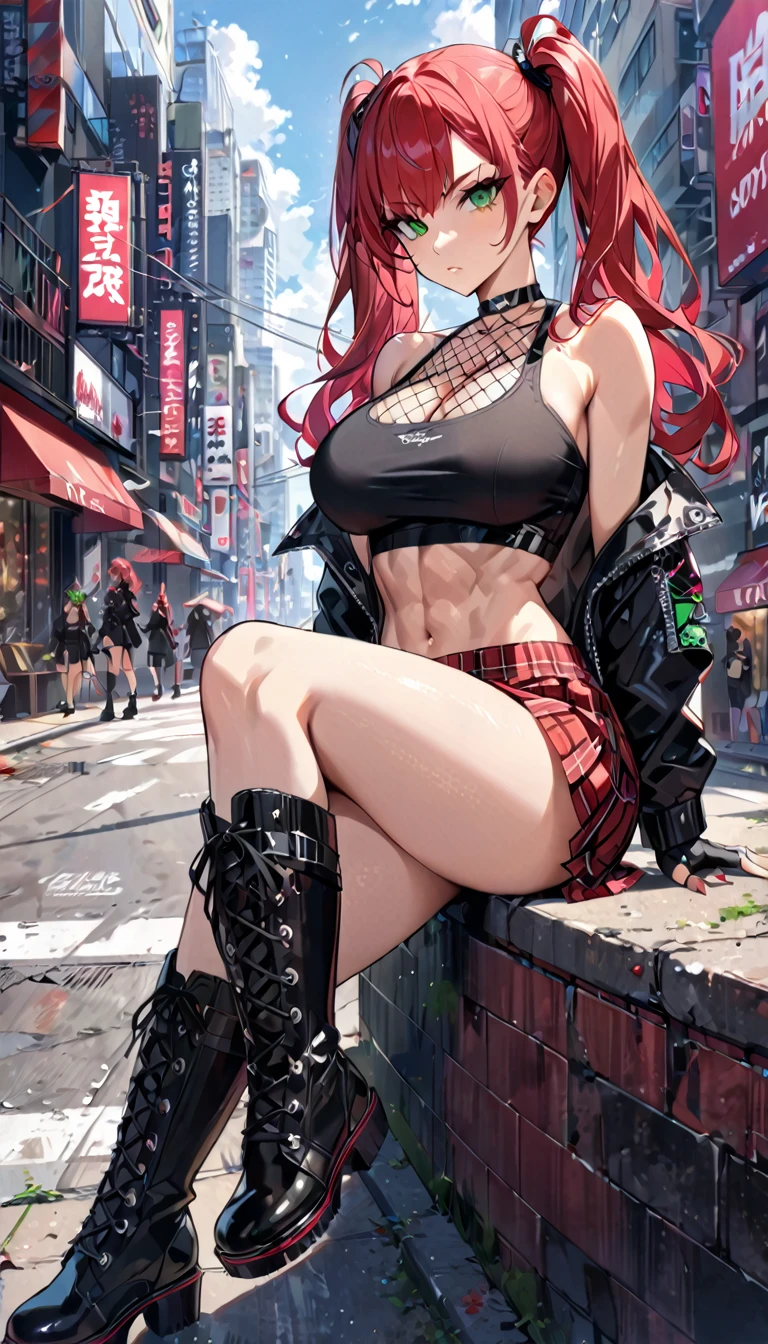 women, stoic, curly red hair in pigtails, green eyes, black eye shadow, With crop top black shirt, Long black jacket, red plaid skirt, black knee high boots, black fingerless gloves, exposed shoulders, big breasts, parts, ABS, neckline, looking at the viewer, masterpiece, Best Quality, Holo-punk style, urban landscape, make up, eyelashes, fishing net t-shirt, fishnet stockings, (Whole body), crossed legs