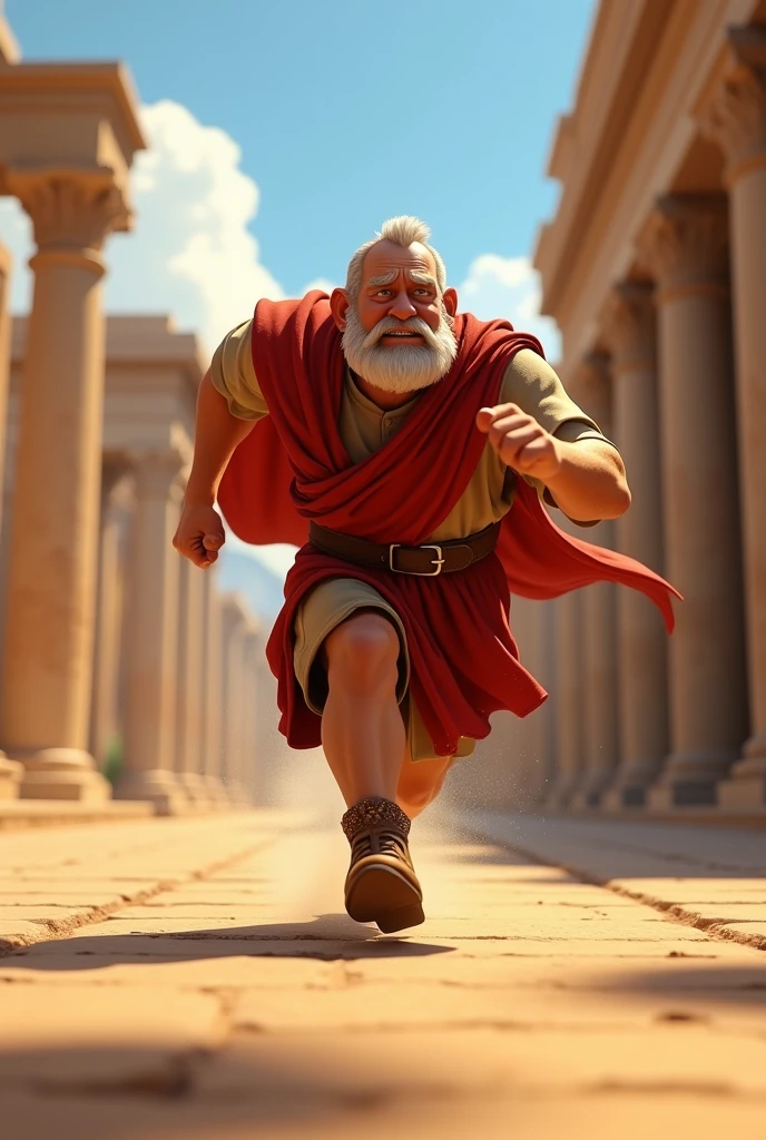 Pixar-like image of Creon running towards Oedipus with a message.