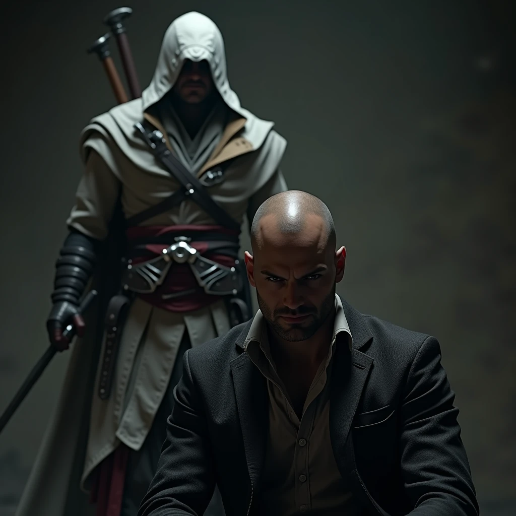 homme chauve asis avec un assin's creed altair debout derriere lui avec sa lame secrete