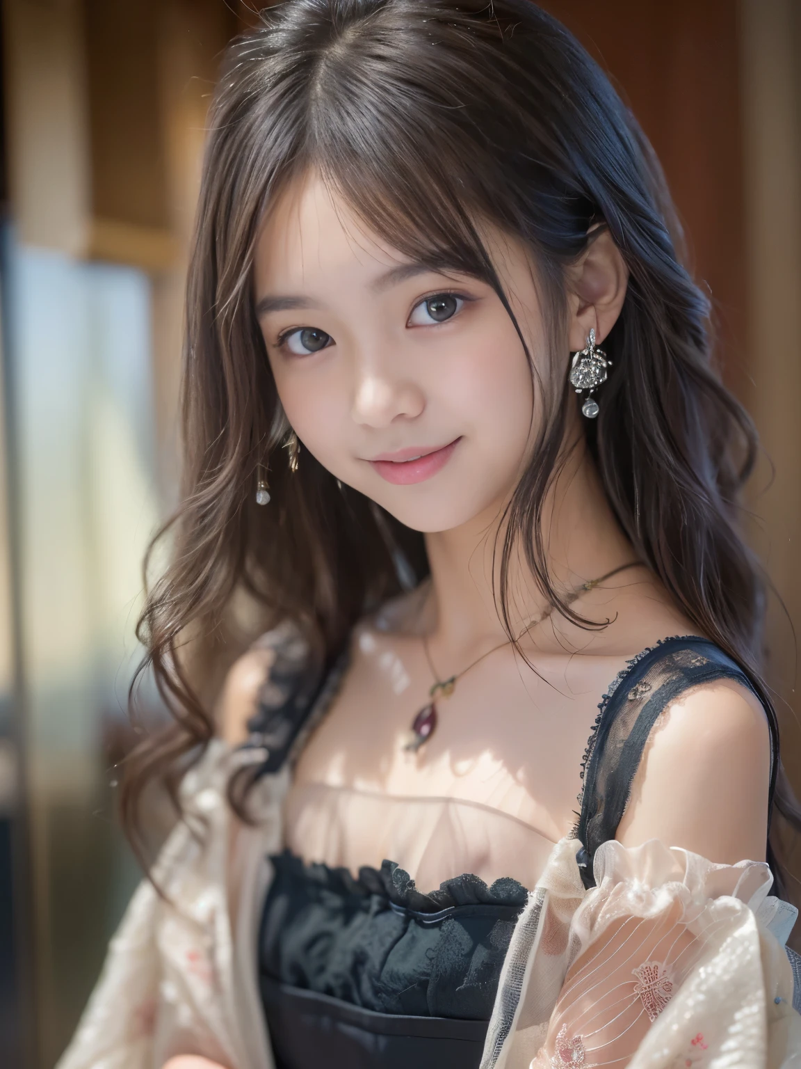 (upper body photo,a 16 year old girl, detailed cutie face, beautiful detailed eyes,detailed dropped eyes, beautiful charming smile, extremely detailed face, cute, anime style, halloween party:2.0), colorful lights, pumpkin decorations, haunted house, fog, spooky atmosphere, (best quality, 4k, highres, masterpiece:1.2), realistic, photorealistic, photo-realistic, vivid colors, intricate details, fantasy, soft lighting, magical