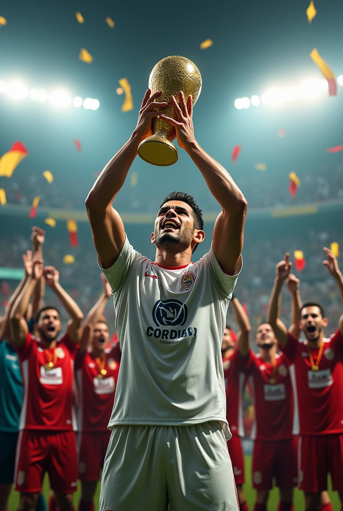 make yuri alberto from corinthians lift the libertadores trophy in a super crowded stadium