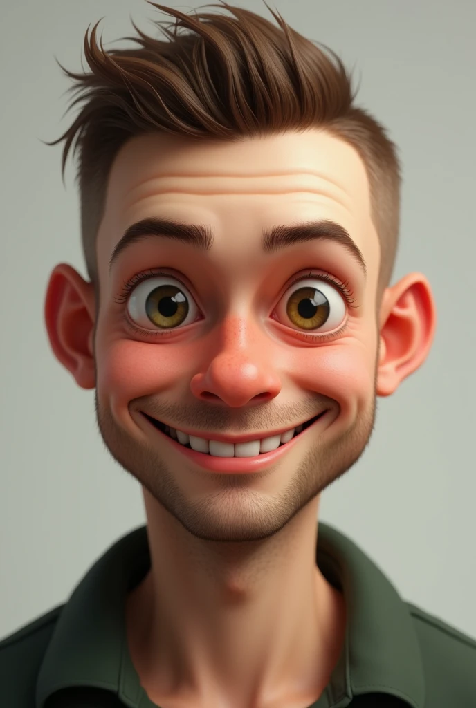 White guy, with short hair almost like a buzzcut, with big hazel-colored eyes, between green and brown, oval face, with bushy eyebrows and a sharp nose, with thick lips and a smile of about 
