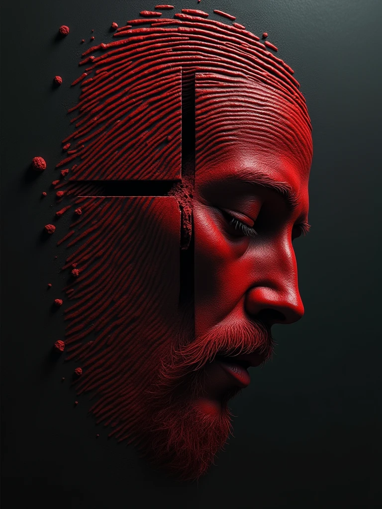 a fingerprint with a cross in the middle, blood-colored fingerprint, exposed with the face of Christ, face to the side with eyes closed looking at the ground.