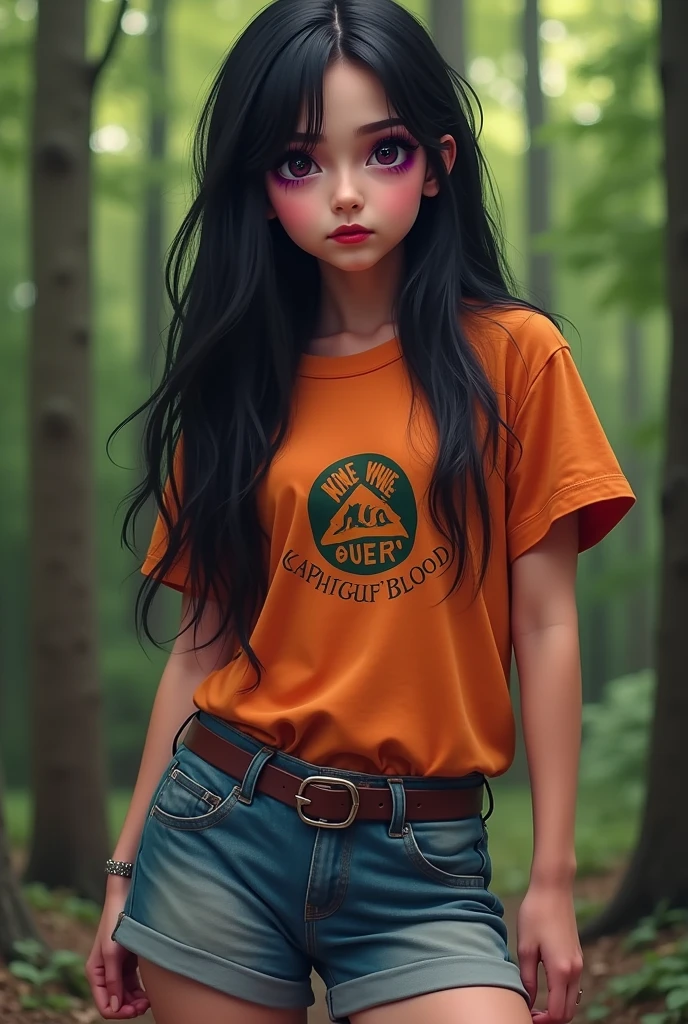 At Camp Half Blood, Elara has a distinctive style in the classic camp uniform: denim shorts and an orange t-shirt with the camp logo. His appearance stands out for his long, black hair., that reaches to the waist, and her dark purple eyes. She always wears striking makeup with dark-toned shadows., mainly purple, and dark red lipstick.