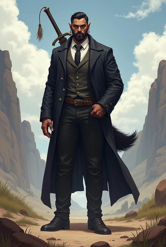 He is a tall, 2 meter tall indigenous man with a square face and short dark hair and a beardless face with a smooth face. His eyes are wolf-like and one of them is closed with pointy ears with earrings. He wears a dark black overcoat with a white shirt underneath and dark pants in the style of formal attire and has a strong physique and a wolf's tail. A large sword is strapped to his back. I would like the art in a fantasy RPG style. In the Old West