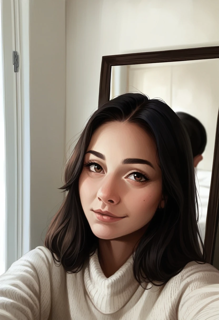 ((Best Quality)), ((masterpiece)), (detailed), 1 girl, black fur , Brown eyes, White sweater , in mirror, selfie