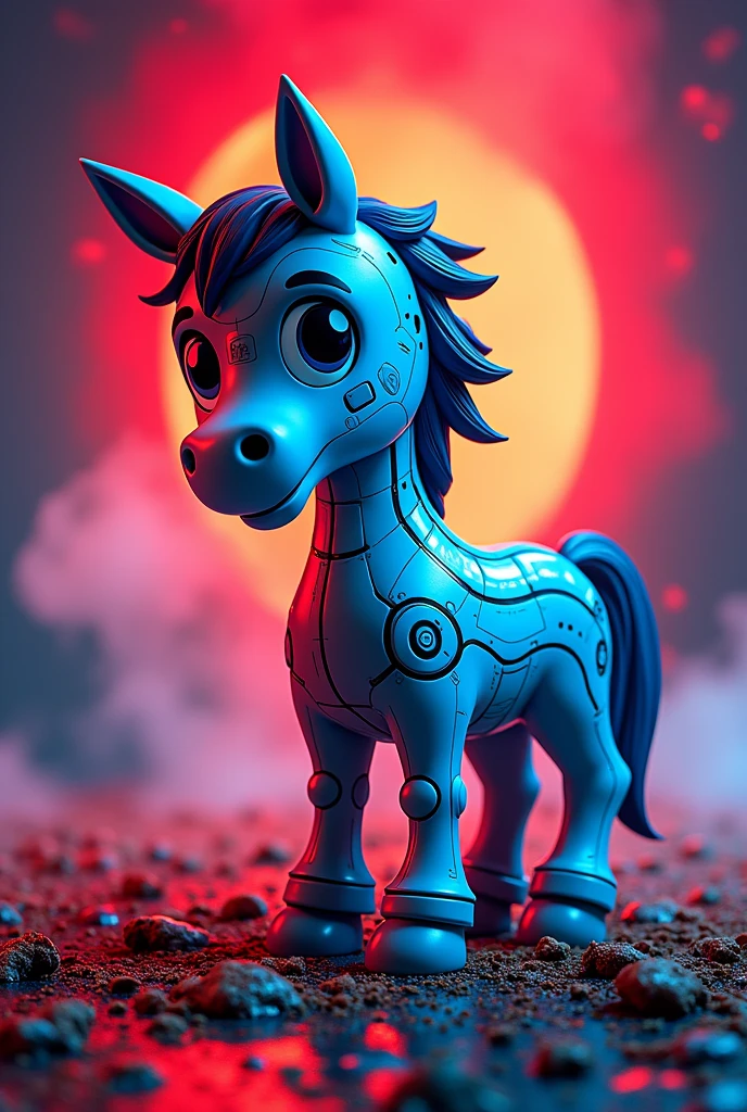 Cereal box with Pony Malta Crunch text:[design with futuristic red and blue colors :with a cartoonish horse character:0.6], [technology-driven crunchy chocolate granola cereal:0.8] 
