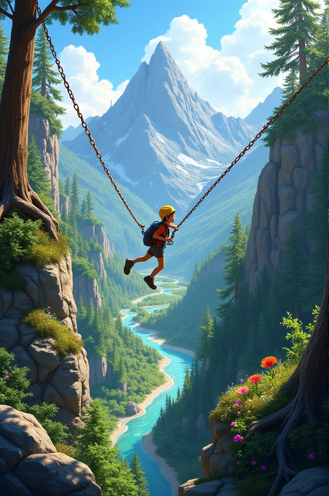 Create an image of a child on a canopy tour in the mountains with the title
"The Adventures of Alexander" 