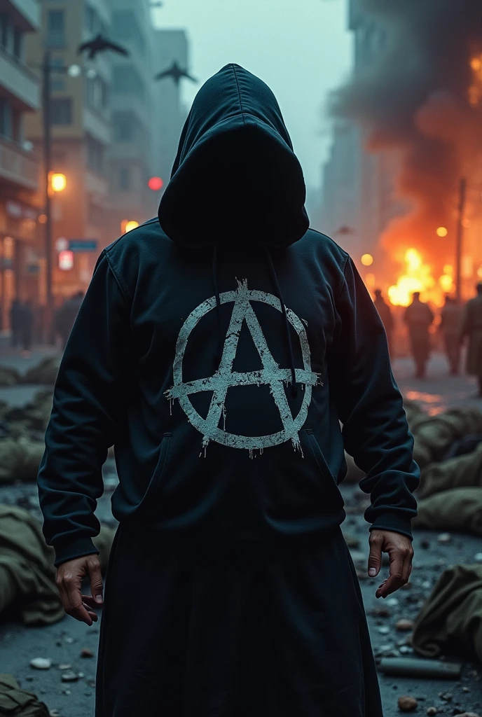 Drummer playing in the background, hooded dress black clothing printed with anarchy symbol, hidden face, kind of fat, down the street of the war torn city at night, fire and smoke, warplanes crossing the sky, bodies of soldiers lying in front of the ground 