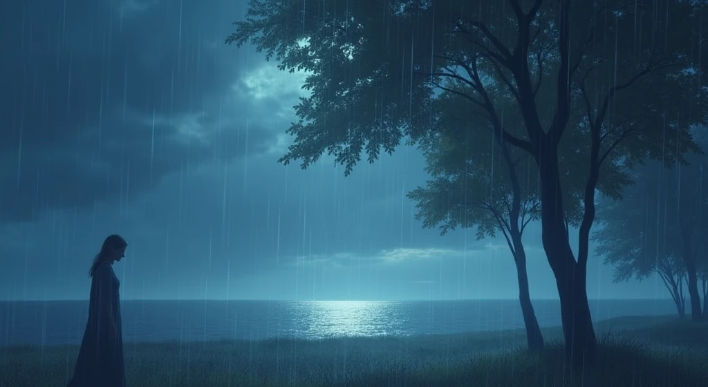 Section 3: "Twilight’s End" (2:01 - 3:00)
Scene: Third Verse, Bridge, and Final Chorus
Visuals: The scene shifts to the horizon where the first light of dawn begins to break. The sky transitions from dark blues to the warm hues of sunrise. The solitary woman figure from the first section is seen walking away from the lake, leaving the night behind. The camera focuses on raindrops sliding down a window as the bridge plays, symbolizing the lingering pain of memories. Finally, as the last chorus plays, the scene returns to the lake, now bathed in the soft glow of the rising sun, with only a faint echo of the night’s shadows remaining.
Effects: Gradually increase the brightness and warmth of the colors to match the rising sun. Use a shallow depth of field for the raindrops on the window, with the background softly blurred. Add a gentle vignette as the scene fades out, symbolizing the closing of the song.
Prompt: "A horizon transitioning from night to dawn, with a solitary figure walking away from a lake, raindrops sliding down a window, and a soft sunrise glow illuminating the scene as night fades away."