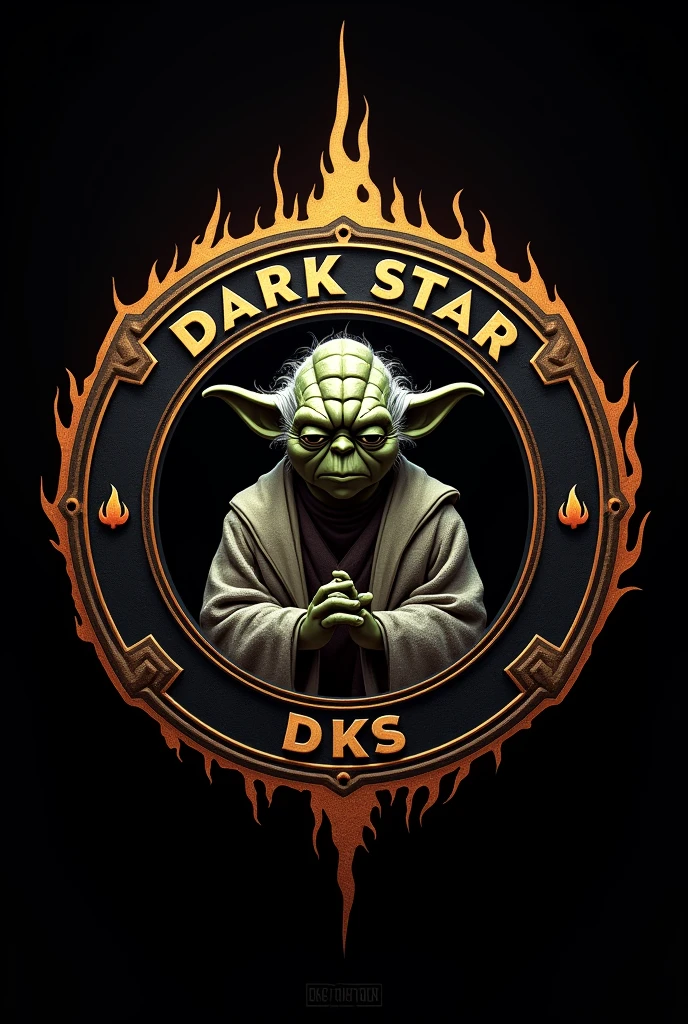 "Create a round emblem with 'Dark Star' above, 'DKS' below, and 'Interno 1ª Divisão DKS' in the center. Include Yoda within the shield. Use black and gold colors with fiery details along the edges."