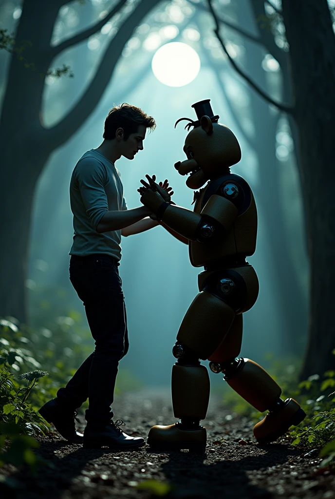 A trail camera of Edward Cullen en El bosque bailando bachata con Freddy de five nights at Freddy's