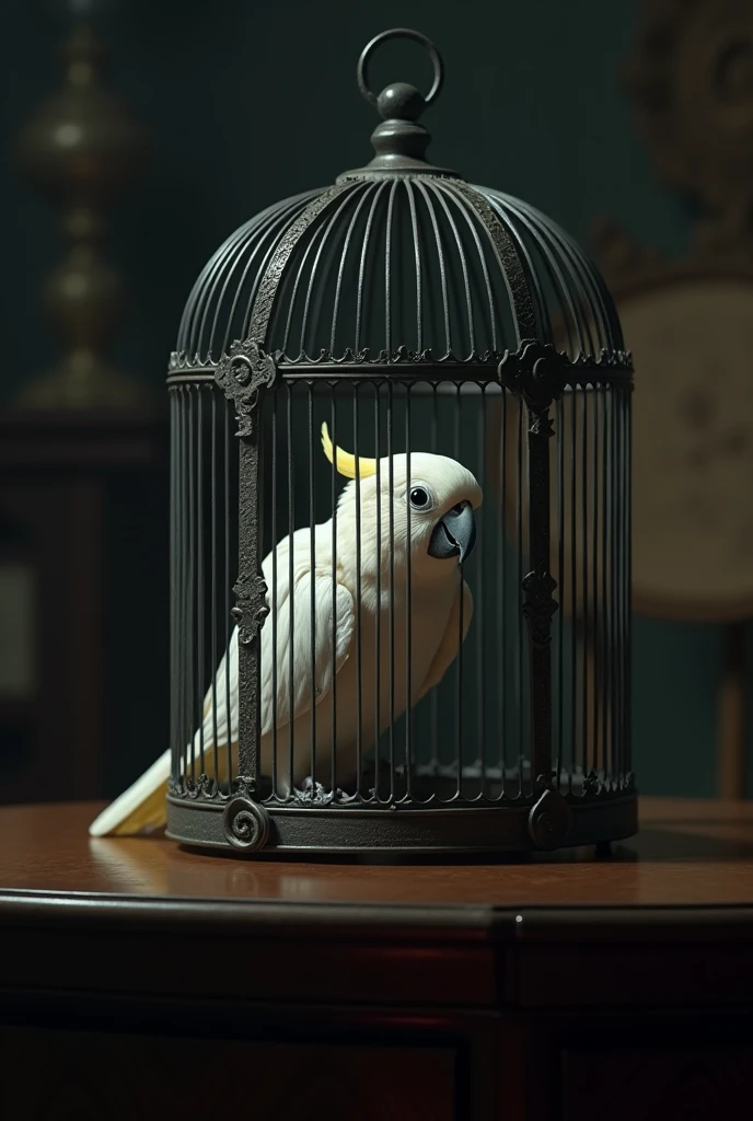 close up of a small white scared parrot in a big bird cage on a living room table in the dark