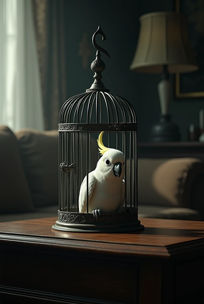 close up of a small white scared parrot in a big bird cage on a living room table in the dark
