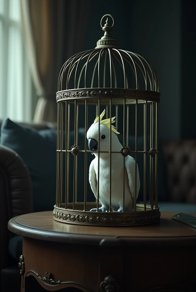 close up of a small white scared parrot in a big bird cage on a living room table in the dark