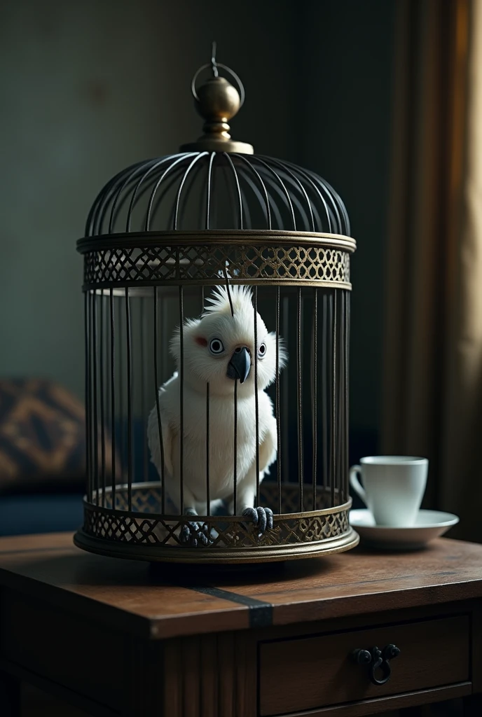 close up of a small white scared parrot in a big bird cage on a living room table in the dark