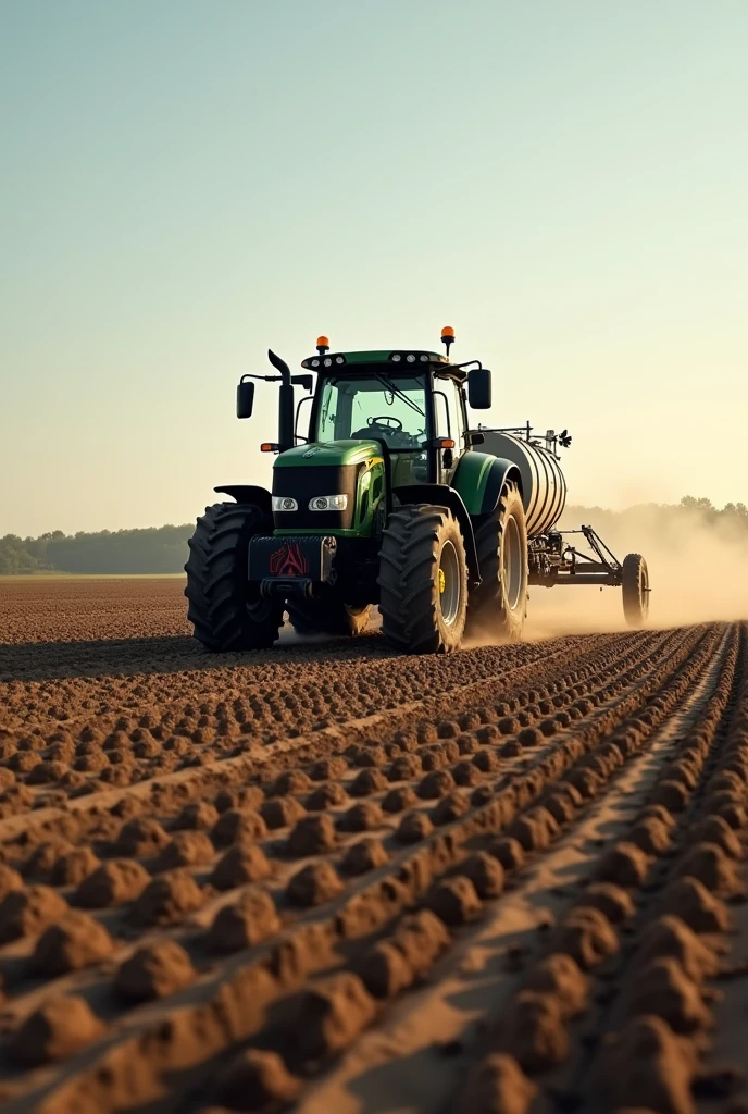 tractor in the field, on land ready for planting, tractor is moving towards the horizon spraying the ground with a straight jet furrow sprayer