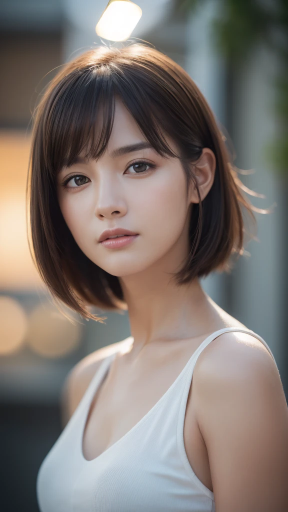 ((Realistic lighting, Highest quality, 8k, masterpiece:1.3)), Sharp focus:1.2, one person's, Beautiful woman with perfect figure:1.4, Slim Abs:1.1, ((Dark brown hair)), (White crop top:1.4),(outside of home,Beachside:1.1),street,Ultra-fine face,Beautiful Eyes,double eyelid,Huge