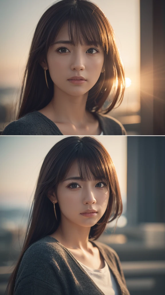 ((Realistic lighting, Highest quality, 8k, masterpiece:1.3)), Sharp focus:1.2, one person's, Beautiful woman with perfect figure:1.4, Slim Abs:1.1, ((Dark brown hair)), (White crop top:1.4),(outside of home,Beachside:1.1),street,Ultra-fine face,Beautiful Eyes,double eyelid,Huge