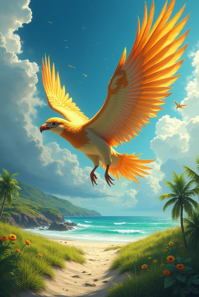 Beach with green grass and the sky with giant birds with golden colors and strong colors