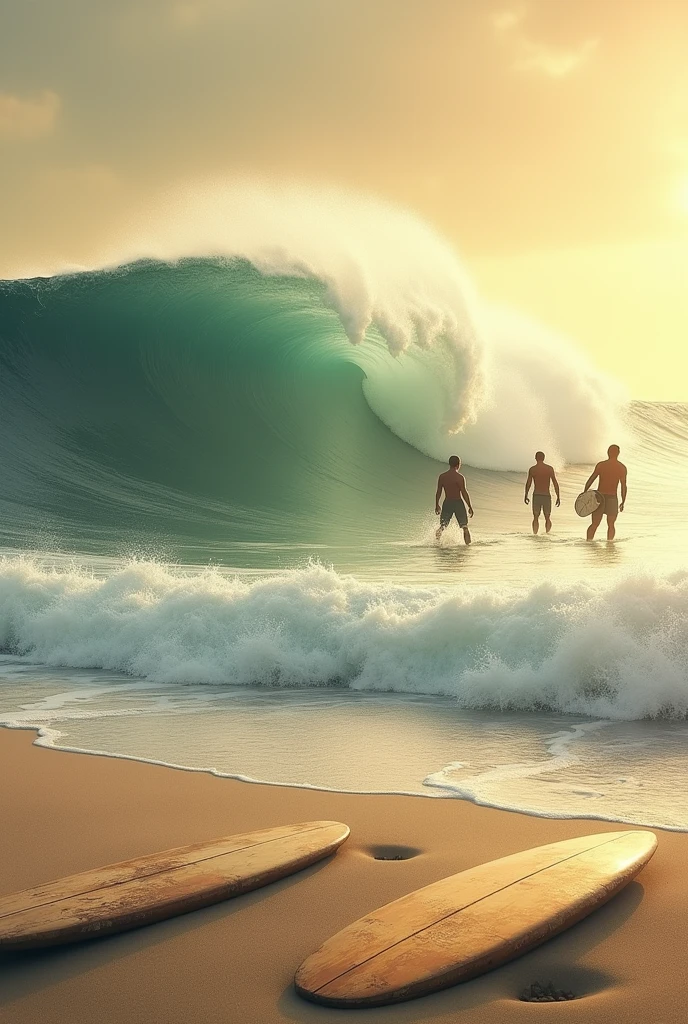 Create a canvas with surfers in the background on a wave, and surfboards buried in the sand
