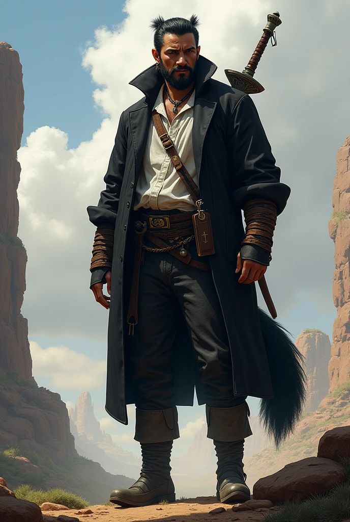 He is a tall, 2 meter tall indigenous man with a square face and short dark hair and a beardless face with a smooth face. His eyes are wolf-like and one of them is closed with pointy ears with earrings. He wears a dark black overcoat with a white shirt underneath and dark pants and has a strong physique and a wolf's tail. A large sword is strapped to his back. I would like the art in a fantasy RPG style. In the Wild West