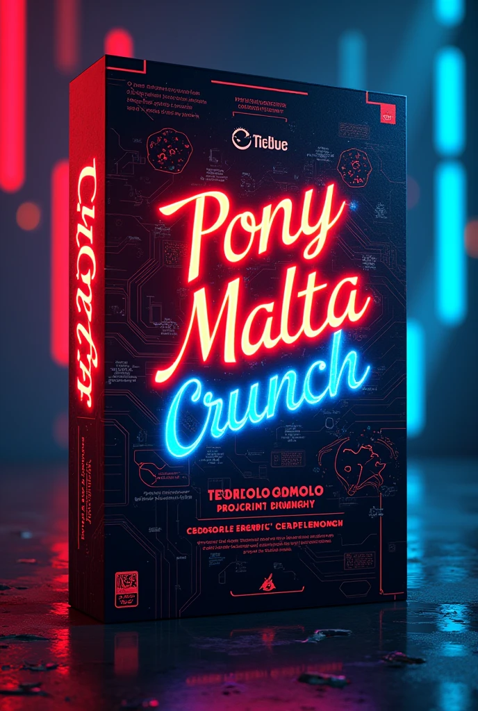 Cereal box with Pony Malta Crunch text:[design with futuristic red and blue colors:0.6], [technology-driven crunchy chocolate granola cereal:0.8] 