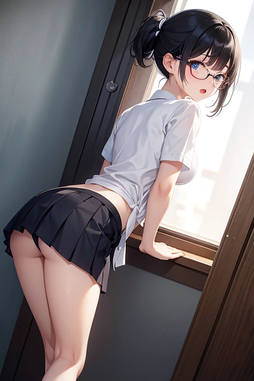 Korean girl
,Wearing glasses, a school uniform that was taken off about halfway, revealing a small white bra.
,White pleated short skirt
,short skirt
,black hair
,blue eyes
,small waist
,See the thighs and back and shoulders.
,In a public restroom
,Barefoot
,I&#39;m sweating a lot.
,Open your mouth wide
,shy
,Squint
,Both eyebrows are raised.
,Thin eyebrows, not too dark
,High nose
,Medium bust
,Wet legs
,stick out your tongue
,Don't be a jerk.
,I tied my hair up and bent down to pick up the hair tie.
,The camera angle from behind shows the curves of the skirt.