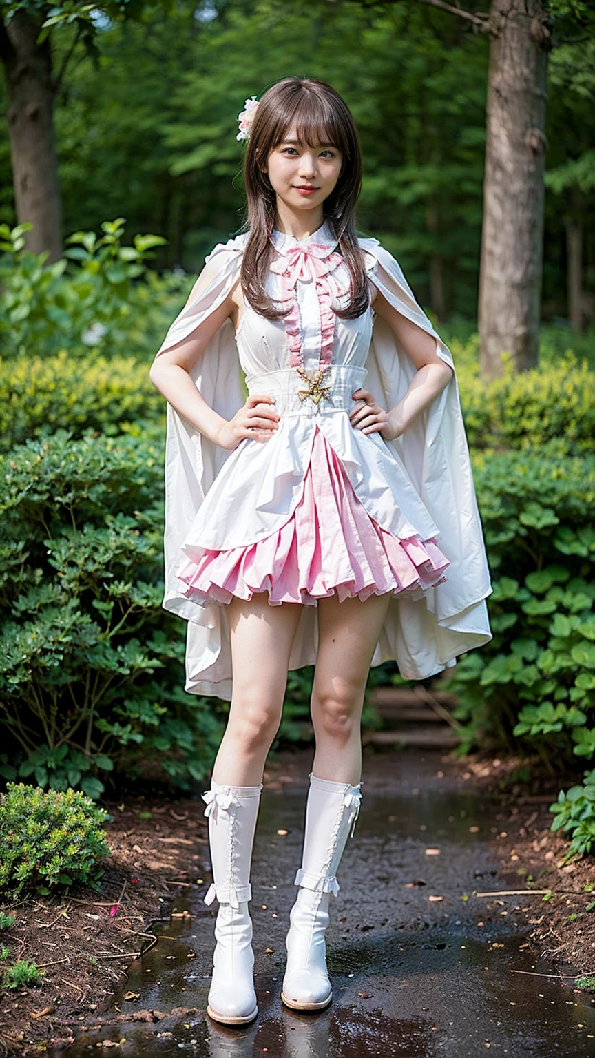 (8k、RAW Photos、Highest quality、masterpiece:1.2)、(Realistic、Realistic)、1 person、((White and pink、garden、Frills、Cape、mini skirt、Thin legs、whole body、boots、View from the front、Looking into the camera、Stand with hands on hips))、cute