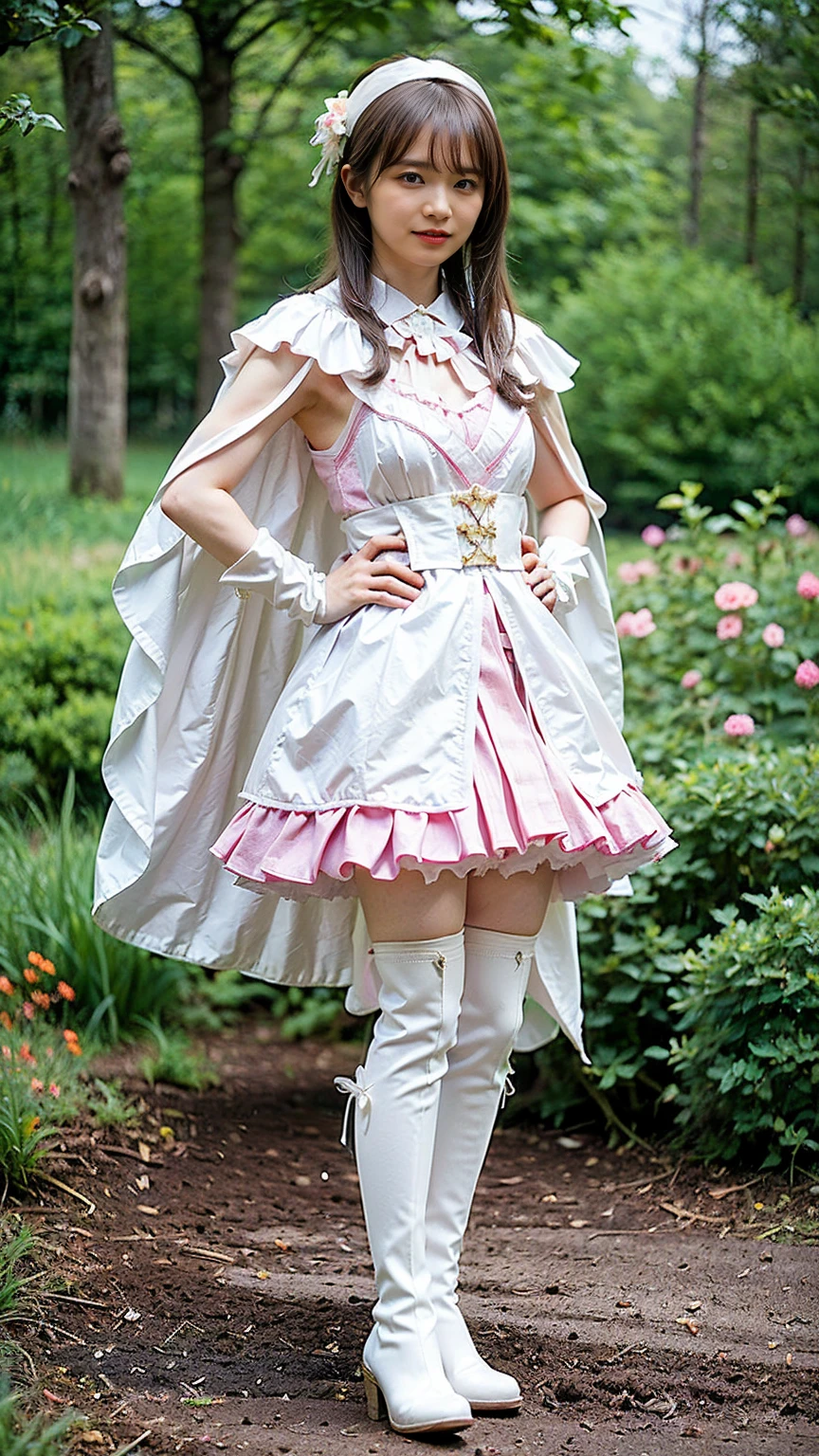 (8k、RAW Photos、Highest quality、masterpiece:1.2)、(Realistic、Realistic)、1 person、((White and pink、garden、Frills、Cape、mini skirt、Thin legs、whole body、boots、View from the front、Looking into the camera、Stand with hands on hips))、cute