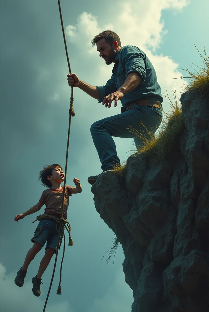 A father holding on with one hand to keep from falling and with the other hand holding a rope trying to pull up his  son who is falling off the cliff, but their faces show concern, pain, tears 