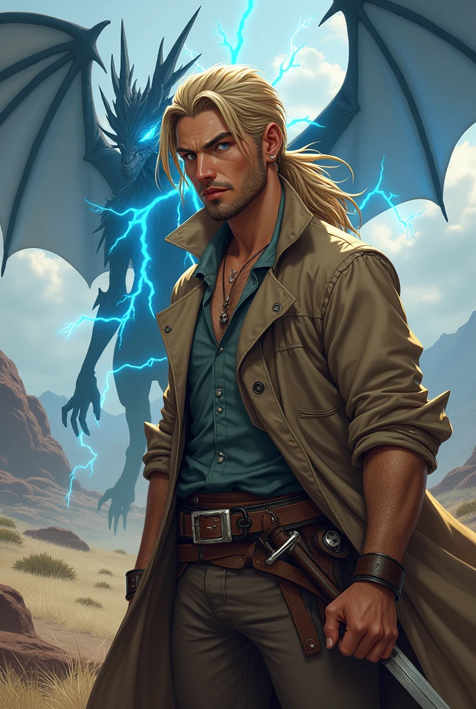 Erick is a young man standing at 1.75 meters tall, with long blond hair tied back in a ponytail. He has a short beard, blue eyes, and piercings in his right ear. He wears a wanted-style coat that resembles a trench coat with a hood, which he can use to conceal himself when necessary. Underneath, he has a wrinkled shirt, pants with a buckle, and carries two swords, one on each side of his waist. Erick has a dragon named Thempestus, the Storm Dragon, which grants him incredible electrical powers. Despite his immense power, Erick has a laid-back and lazy demeanor. His appearance is handsome, but his face shows signs of exhaustion. He often leans forward slightly and prefers to finish tasks quickly so he can have more free time. i would like the art in a fantasy rpg style, in the old west