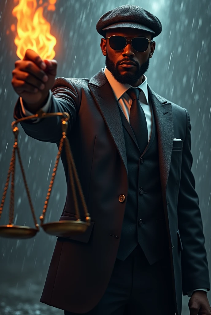 a black man in a suit, beret with dark shades and an aura of power and a scale of justice on fire realistic animation with rain

