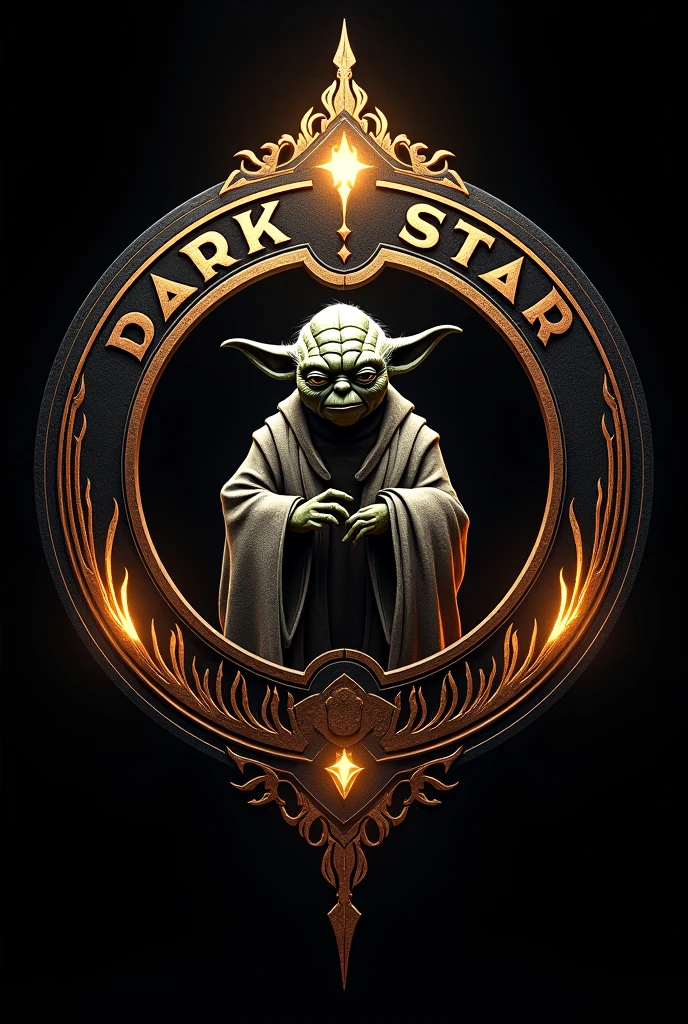 "Create a round emblem with 'Dark Star' above, 'DKS' below, and 'Interno 1ª Divisão DKS' in the center. Include Yoda within the shield. Use black and gold colors with fiery details along the edges."