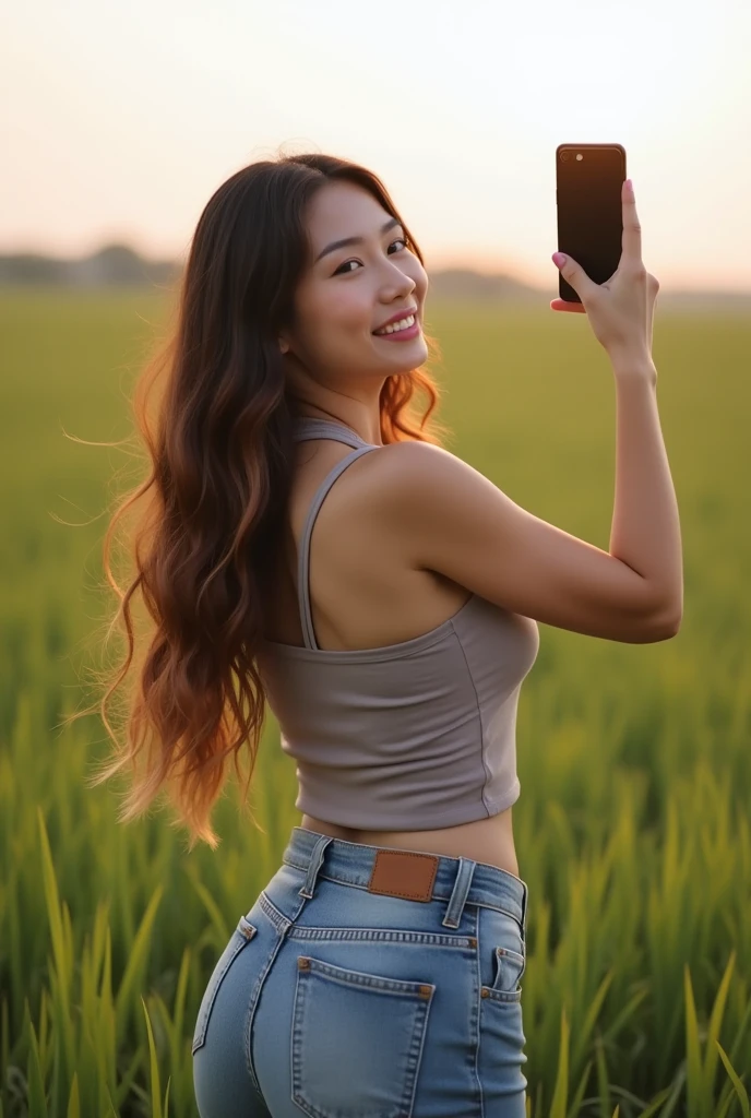 6 Pictures of an Asian Woman Taking a Photo of Herself on a Farm with Big Boobs
