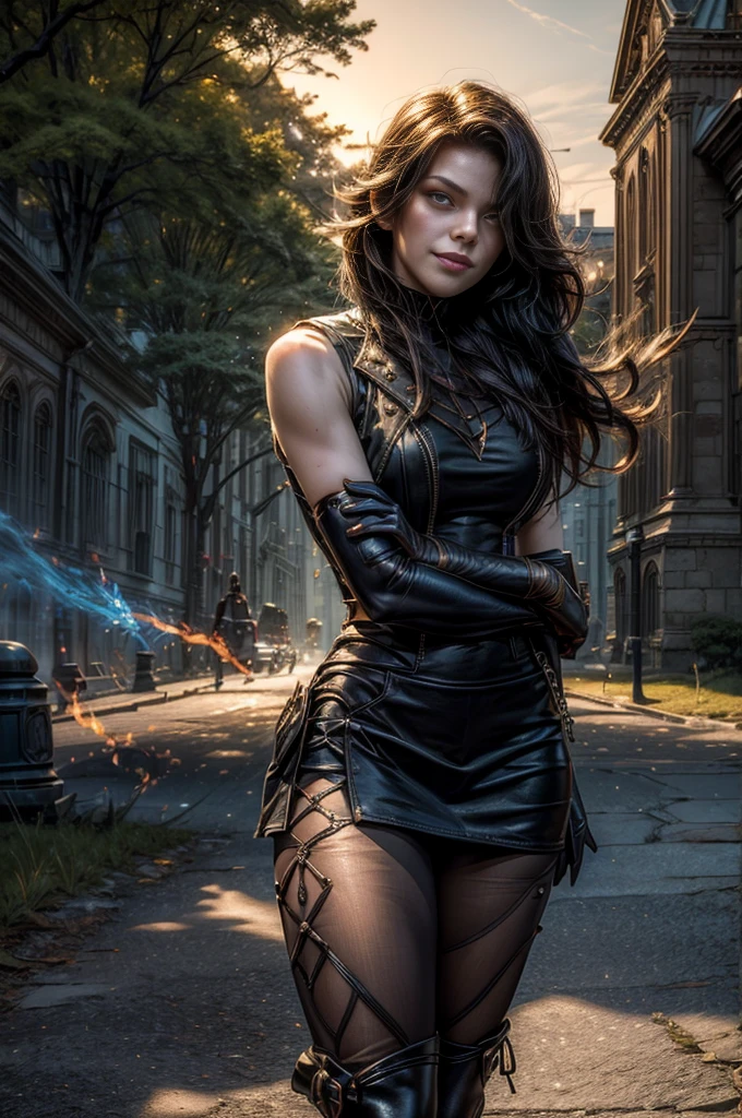 (masterpiece, best quality:1.2), cowboy shot, solo, 1girl, cinder fall, evil smile,holding flames, looking at viewer, long hair, t-shirt, white skirt, sleeveless jacket, elbow gloves, pantyhose, standing outside huge gothic building, trees, (volumetric lighting), sharp focus, hyper detailed 