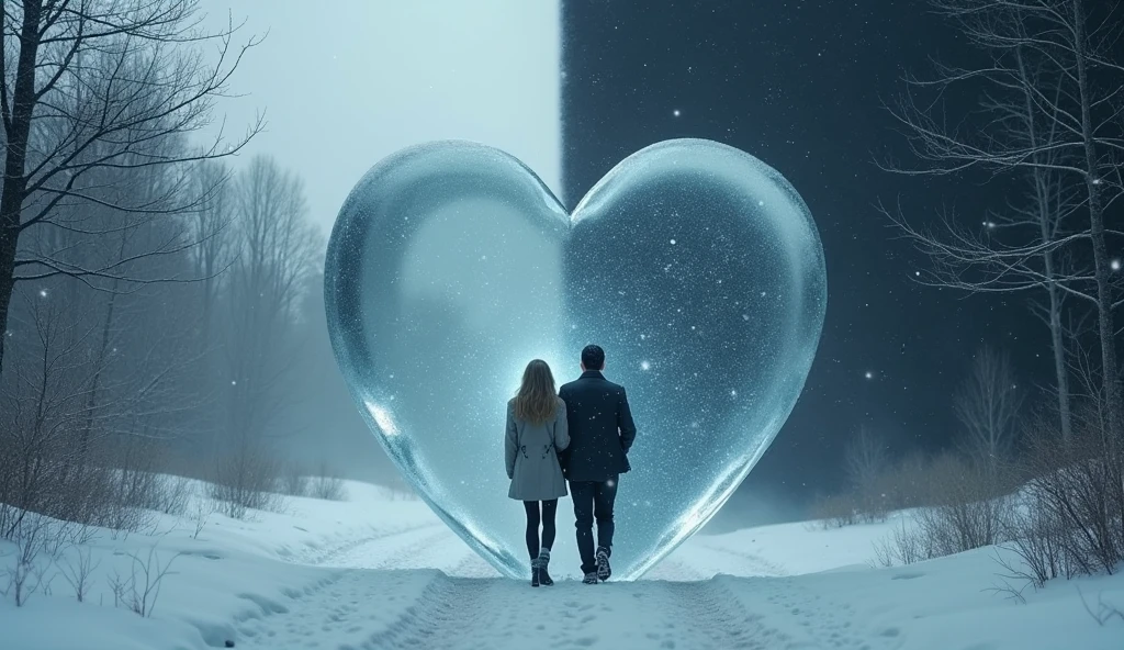 SCENE divided in half, one by day and one by dark night, IN COLD GREY TONES, WITH A MELANCHOLIC THEME OF A WOODED LANDSCAPE WITH A GREY SKY AND A SNOW STORM, IN THE FOREGROUND A LARGE POLISHED AND TRANSLUCENT ICE HEART ON THE SNOWFALL. LOOKING THROUGH THE HEART YOU CAN SEE AN ITALY WOMAN WALKING AWAY FROM THE CENTER OF THE SCENE TO THE LEFT, AN ITALY MAN WALKING AWAY FROM THE CENTER OF THE SCENE TO THE RIGHT, WHILE SNOWFLAKES ARE FALLING.