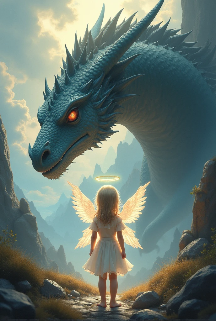 You are an angel that looks like a child from behind looking at a dragon