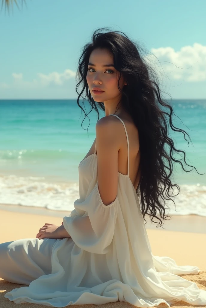 Pale model blue eyes black long curly hair full body sitting on beach 