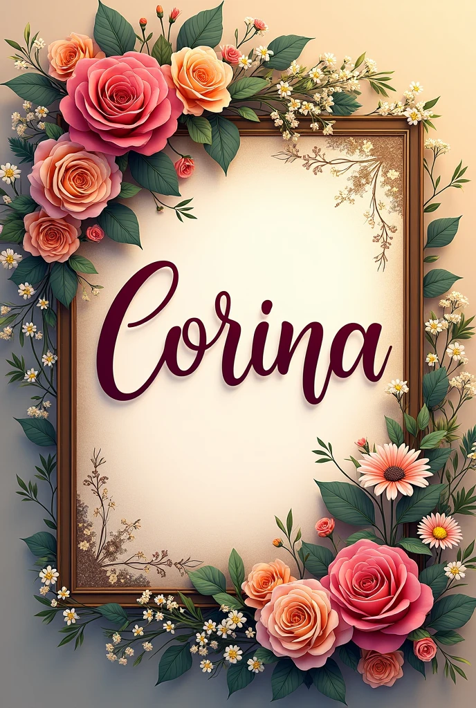 Sign that says Corina with flowers 